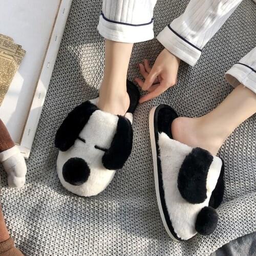 Fashion Winter Luxury Warm Fur Women Slippers Soft Cotton Shoes Cute Cartoon Dog Indoor Bedroom Men Ladies Couple Furry Slipper