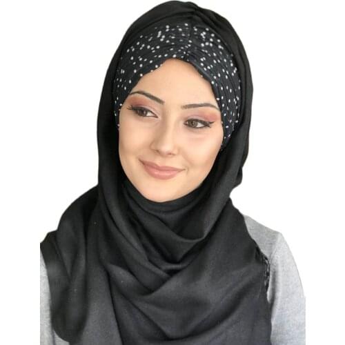 New Fashion Hijab 2021 Women Muslim Chiffon Headscarf Islamic Turban Womens Hat Black White Spotted Shirred Black Instant Shawl