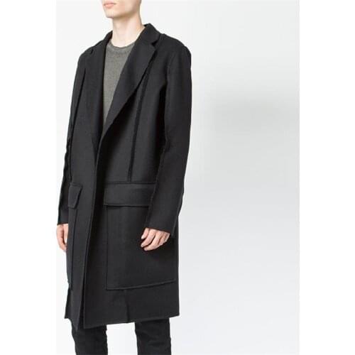 Yamamoto mens woolen coat with raw edges, mid-length, customized