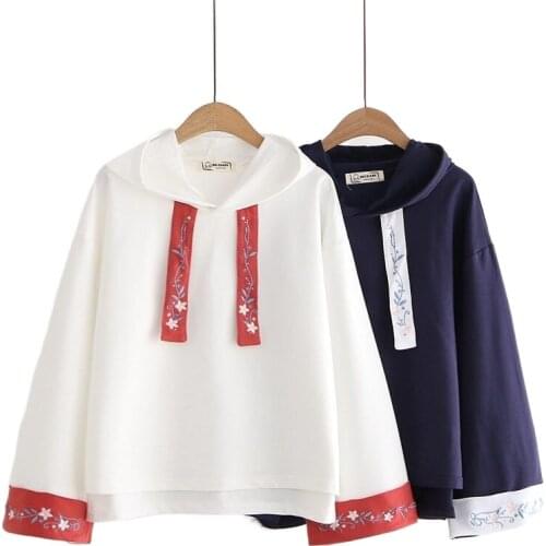 Casual Women Hoodies 2021 Summer Sweatshirt Harakuju Thin Retro Style Embroidered Flare Sleeve Long Sleeve Drawstring Cotton Top