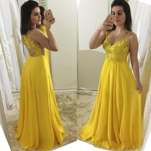 Gelb Chiffon Prom Kleider 2020 Neueste Spaghetti-trägern Illusion Zurück Spitze Applique Boden Länge Nach Maß Abendkleider