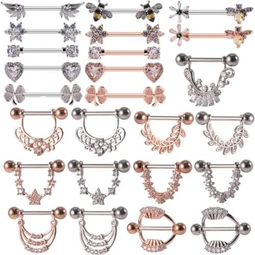 1Pair Nipple Piercing Barbell Surgical Steel Flower Nipple Shield Rings Bee Ear Tragus Cartilage Earrings Body Jewelry 14g
