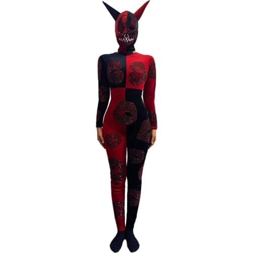 Rhinestones Lip Printing Black Red Patchwork Jumpsuits Personalized Headgear Halloween Rave Party Sexy Nightclub Costumes