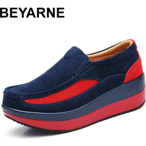 BEYARNE 2019Women Casual Platform Shoes Slip on Creepers Sneakers moccasins Suede Loafers new sneakers Suede Leather FlatsE557