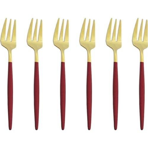 Upspirit 6Pcs Fruit Fork Dinnerware Silverware Set Red Gold Cutlery Set Stainless Steel Flatware Tableware For Kitchen Household