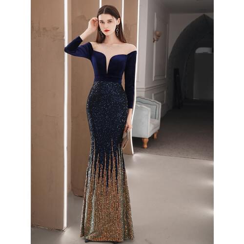 YIDINGZS 2021 Elegant See Through Velour Evening Dress 3/4 Sleeve Sequin Evening Party Dress YD18291