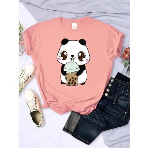 Pearl Milk Tea Panda Kawaii Print Tshirts Womens Hip Hop Breathable T-Shirt Summer Loose Tops Personality Sweat T-Shirt Women