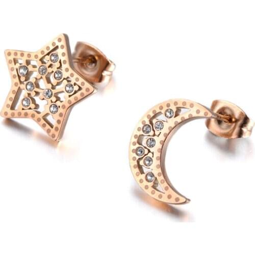 Trendy OL Style Stainless Steel CZ Crystal Star Moon Stud Earrings Sparkl Anniversary Earring Jewelry For Women JE19093