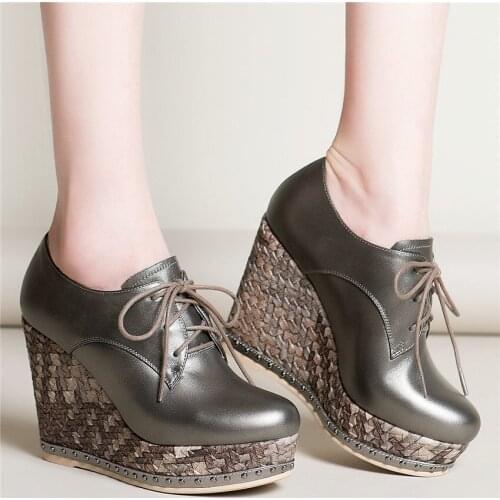 Punk Goth Creepers Women Shoes Genuine Leather Wedges High Heel Party Pumps Shoes Low Top Platform Oxfords Rond Toe Casual Shoes