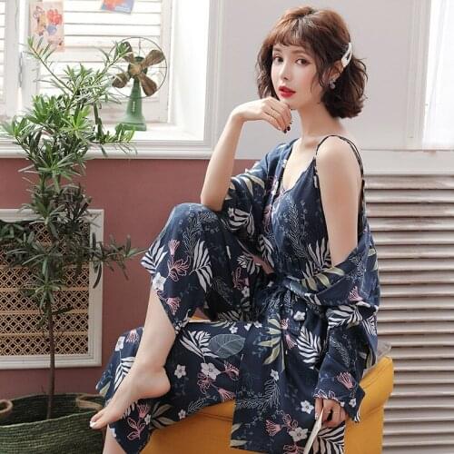 JULYS SONG 3 Piece Spring Floral Printed Pajamas Set Summer Viscose Sleepwear Women Pajamas Top Long Pants Night Suit Set