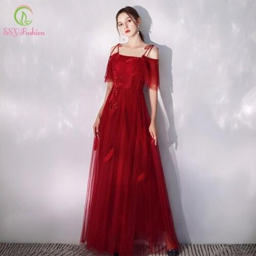 SSYFashion New Banquet Elegant Evening Dress Burgundy Spaghetti Strap Floor-length Long Formal Gown Custom Vestidos De Noche