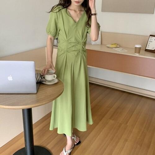 2021 Sexy All Match Prom High Waist Femme Drawstring V-Neck Solid Minimalist Summer Vintage Slim Dresses Vestidos