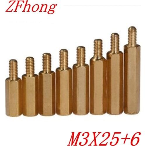 100PCS M3 x 25+6 M3*25 male to female brass standoff spacer
