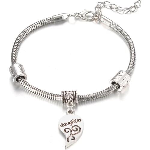 2Pcs/set Mother Daughter Splicing Heart Bracelet Bangle Silver Plated Mom Women Girl Statement Jewelry