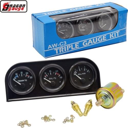 Dragon gauge 3in1 Black Color With Temp Pressure Sensor(Water Temp Gauge +Oil tempGauge+ Oil Pressure Gauge)