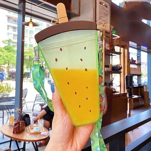 Kids Cute Fruit Plastic Water Bottles With Rope Portable Outdoor Cartoon Watermelon Ice Cream Anti-Fall Popsicle Straw Cup Gift