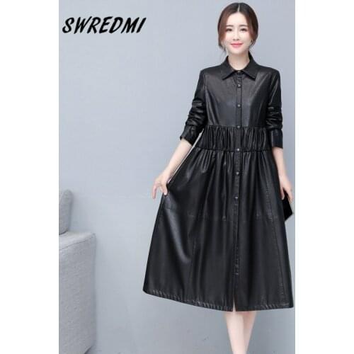 X-Long Women Leather Coat Black Jackets High Quality Plus Size M-5XL Faux Leather Clothing Office Lady Suede With Pocket SWREDMI