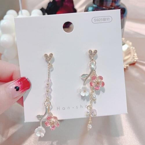 HHSPPF XY 2020 Japanese Style Elegant Thin Sweet Pink Cherry Tree Branch Pendant Earrings Womens Delicate Crystal Jewelry