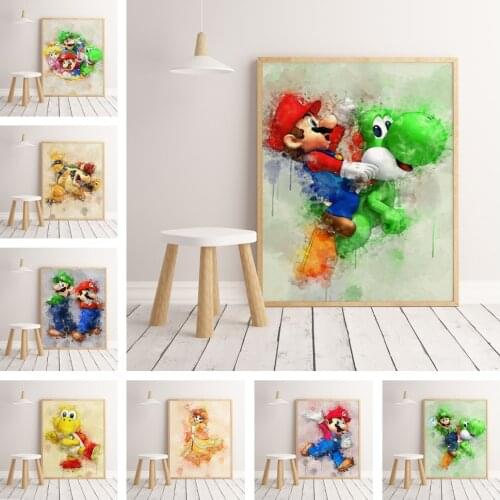 Canvas Painting With Frame Cartoon Poster Print Wall Art Canvas Mario Figure Painting Nordic Minimalism Kid Bedroom Living Room