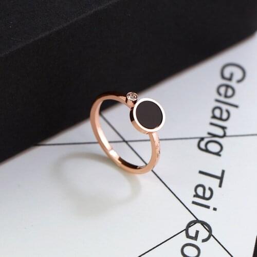 YUNRUO Rose Gold Color Crystal Inlaid Black Round Rings 316L Titanium Steel Jewelry Woman Fashion Accessories Gift Never Fade