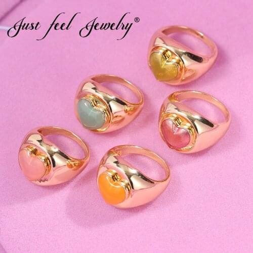 JUST FEEL Cute Romantic Love Ring For Women Fashion Colorful Enamel Heart Metal Rings 2021 Geometry Statement Party Jewelry Gift