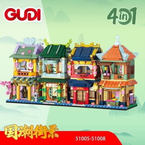 Chinese ancient architecture street view teahouse model building block restaurant assembly DIY creative childrens toy gift