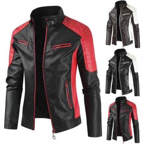 Faux Leather Jacket Spliced Leather Coat Men Fashion Biker Vintage Warm Leather Overcoat Men