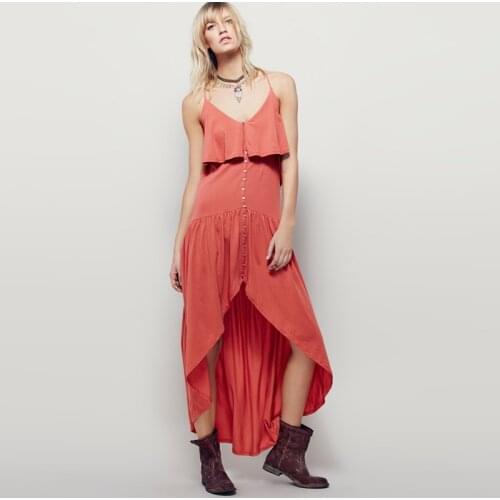 Summer Dress New Sexy V-neck Sling Open Back Front Short Back Long Chest Button Dress