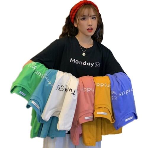 Summer Weekly Sunday Monday Letter Embroidery Cute Tee Shirt Women Hipster Harajuku Short Sleeve T Shirt 7 Colors Match Tshirt