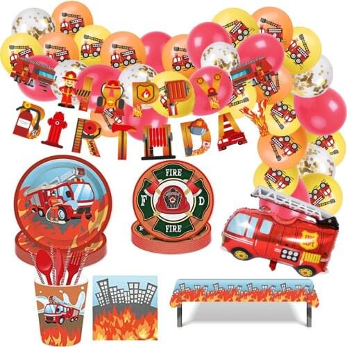 Fire Truck Birthday Balloons Party Decoration Disposable Plates Napkins Tableware Fireman Firefighter Baby Shower Party Supplies