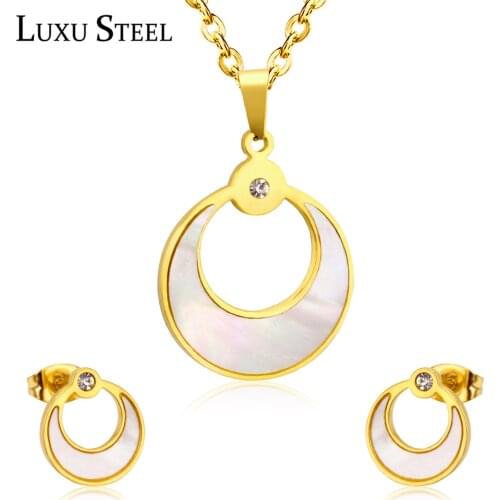 LUXUSTEEL wedding necklace and earring set Shell Necklaces inoxidable Stud Earrings Gold Color Chains Necklace Bijoux Party