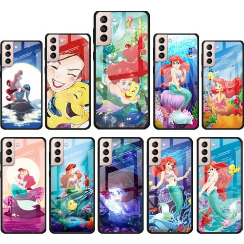 Mermaid Disney Princess Cute for Samsung Galaxy S21 Ultra Plus A72 A52 4G 5G M51 M31 M21 Luxury Tempered Glass Phone Case Cover