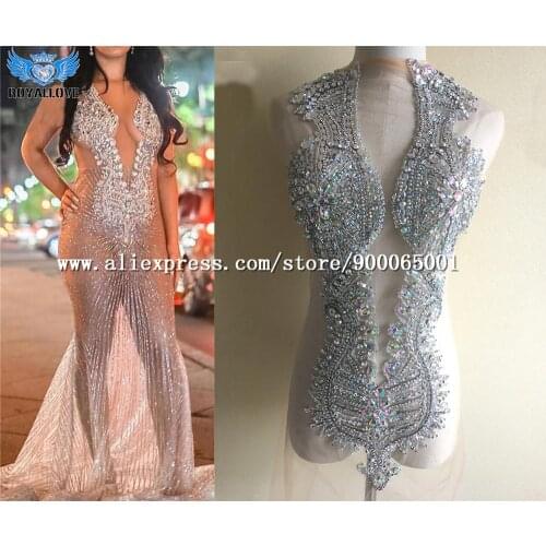 Luxurious Haute Couture AB Rhinestone Bling Applique Unique Design Full bodice beaded heavy bead handmade applique for bridal