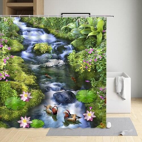 Natural Scenery Shower Curtain Forest Waterfall Green Plants Flowers Bathroom Home Decoration Washable Fabric Sets With Hooks