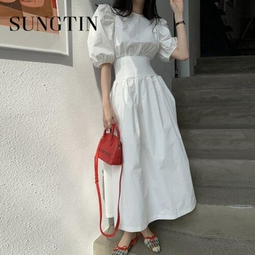 Sungtin Black White Bubble Sleeves Dress 2020 Summer Ladies Casual Women Dresses Elegant High Waist Loose Party Vestido Fashion