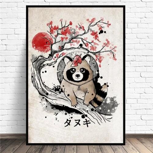 Tanuki red sun art Canvas Wall Animal Abstract Art Print Modern Poster Wall Pictures Living Room Decor