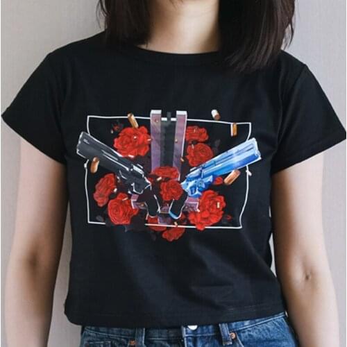 Streetwear crop tops womens T-shirt ulzzang Harajuku vintage rose print animeT-shirt summer Slim Oversize loose casual women