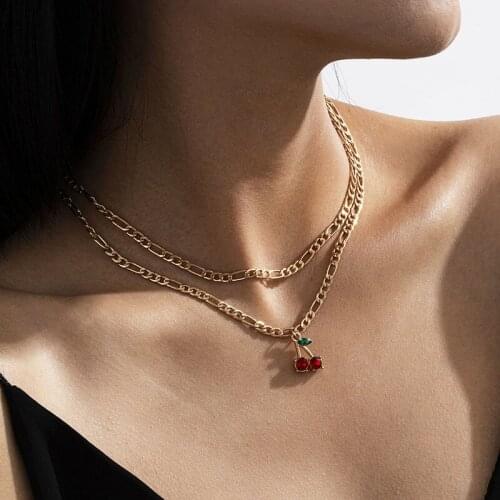 Vintage Double Layer Crystal Cherry Pendant Necklace Women Punk Thick Chains Geometric Clavicle Necklace Gift Jewelry Kolye