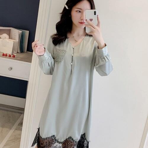 Lady Satin Nightdress Bathrobe Casual Nightwear Intimate Lingerie Loose Sleepwear Lace Patchwork Home Dressing Gown Nightgown