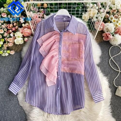 Spring Womens tops and Blouses Fashion Stripe Ruffle Spliced Shirt Single Breasted Blouse Loose Patchwork Harajuku Shirts Female