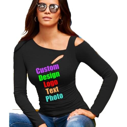 Slim Sexy Hallow Out Off Shoulder Custom Logo Text printed Women Long Sleeve T-shirt Autumn Fall Female Basic Tops Tees T shirts