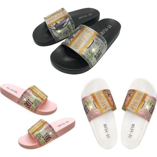 Womens Black Dollar Money Rhinestone Glitter Crystal Slide Footbed Flat Sandal Slippers Indoor Outdoor Slippers