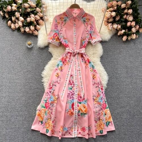 2021 New Summer Fashion Print Ladies Party Vestidos Women Casual Single Breasted Slim Fit Elegant Trun-down Collar Shirt Dresses