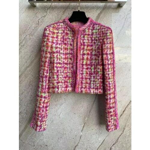 118710 new women vintage wool jacket long sleeve runway silk flower print lining elegant lady coat with chain