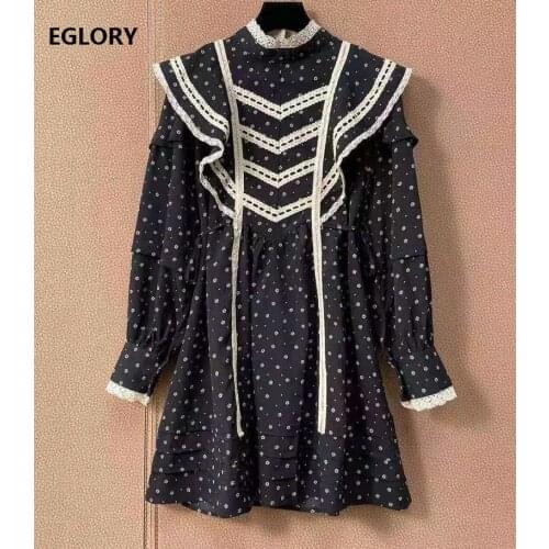 Vintage Retro Dress 2021 Spring Summer Style Women Stand Neck Elegant Little Floral Print Lace Ruffle Deco Long Sleeve Dress