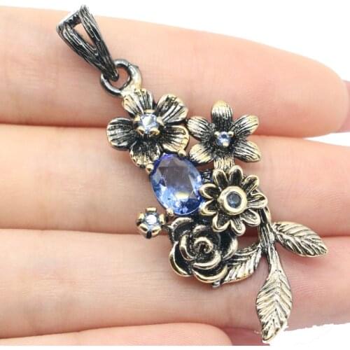 56x26mm Bohemia Design Flowers 9.6g Vintage Created Rich Blue Violet Tanzanite For Women Black Gold Silver Pendant Eye Catching