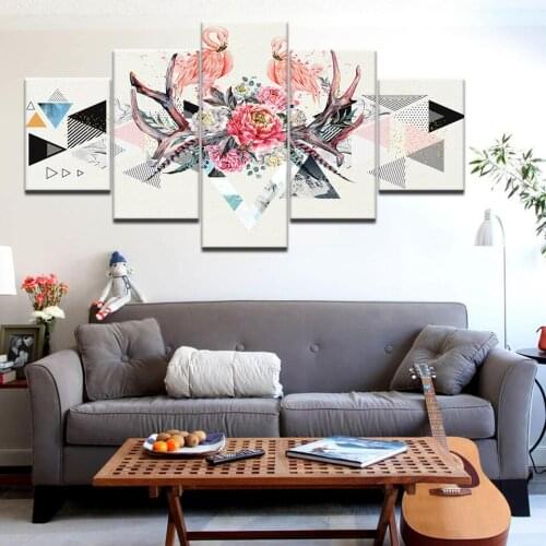 Abstract Geometric diagram Wall Art Canvas Painting Flower Animal Bird Pink Mural Flamingo Home Decor Living Room Picture Poster