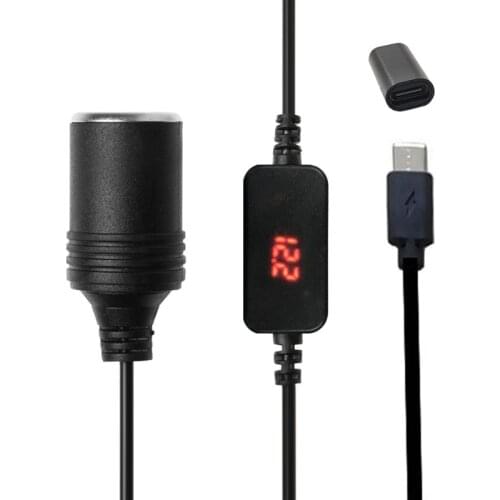 USB C PD Female Type C Male to 12V Car Socket Power Cable with Voltage Display