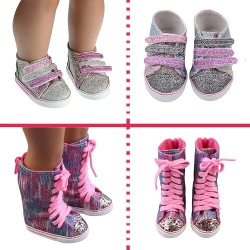 New Fashion 7CM Sequins Doll Boots Fit 43cm Baby New Born Dolls Pink Glitter Shoes for 18 inches American Doll