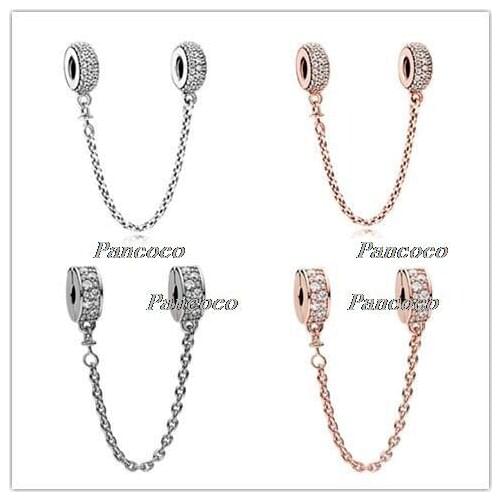 925 Sterling Silver Bead Charm Pave Inspiration Crystal Safety Chain Beads Fit Pandora Bracelet & Necklace DIY Jewelry